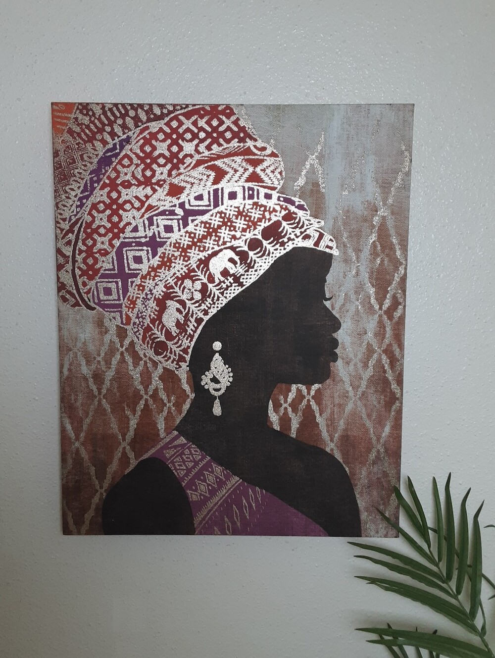 African Woman Silhouette Colorful Turban Jewely Canvas Wall Art
